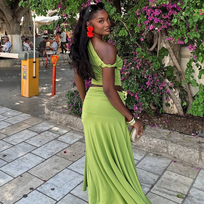Solid Color Casual Pleated One-Shoulder Slash Shoulder Crop Top Long Skirt Two-Piece Women's Set 3