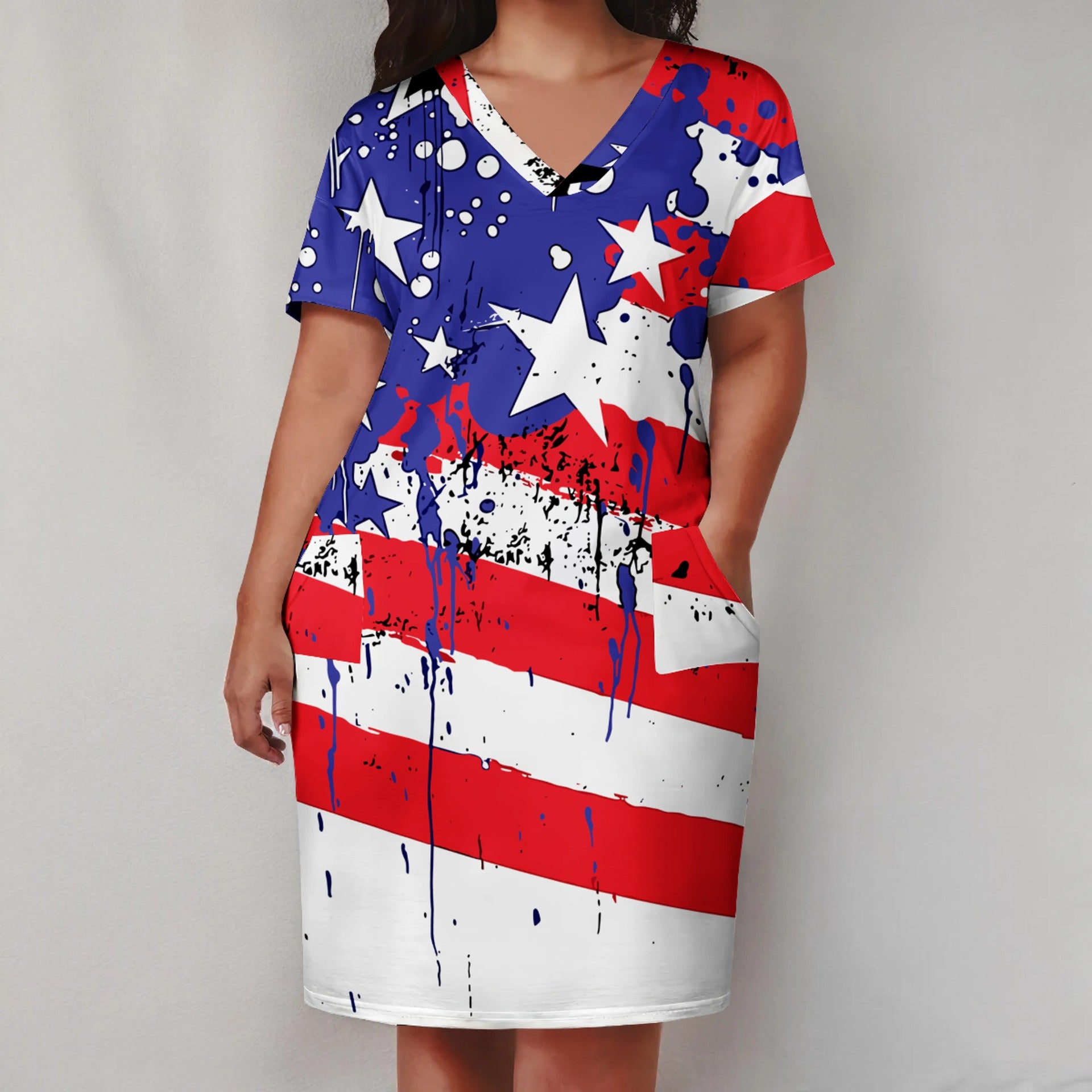 Plus Size Women American Flag V-Neck Pocket Loose Dress 5