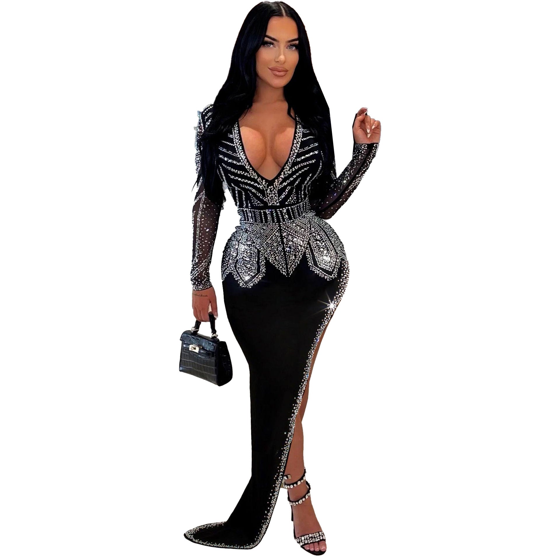 Women Sexy Beveled Beaded Stretch V-Neck Bodycon Dress 6
