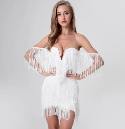 Women's Summer V-Neck Open Back Off Shoulder Tassel Mini Bodycon Dress 9