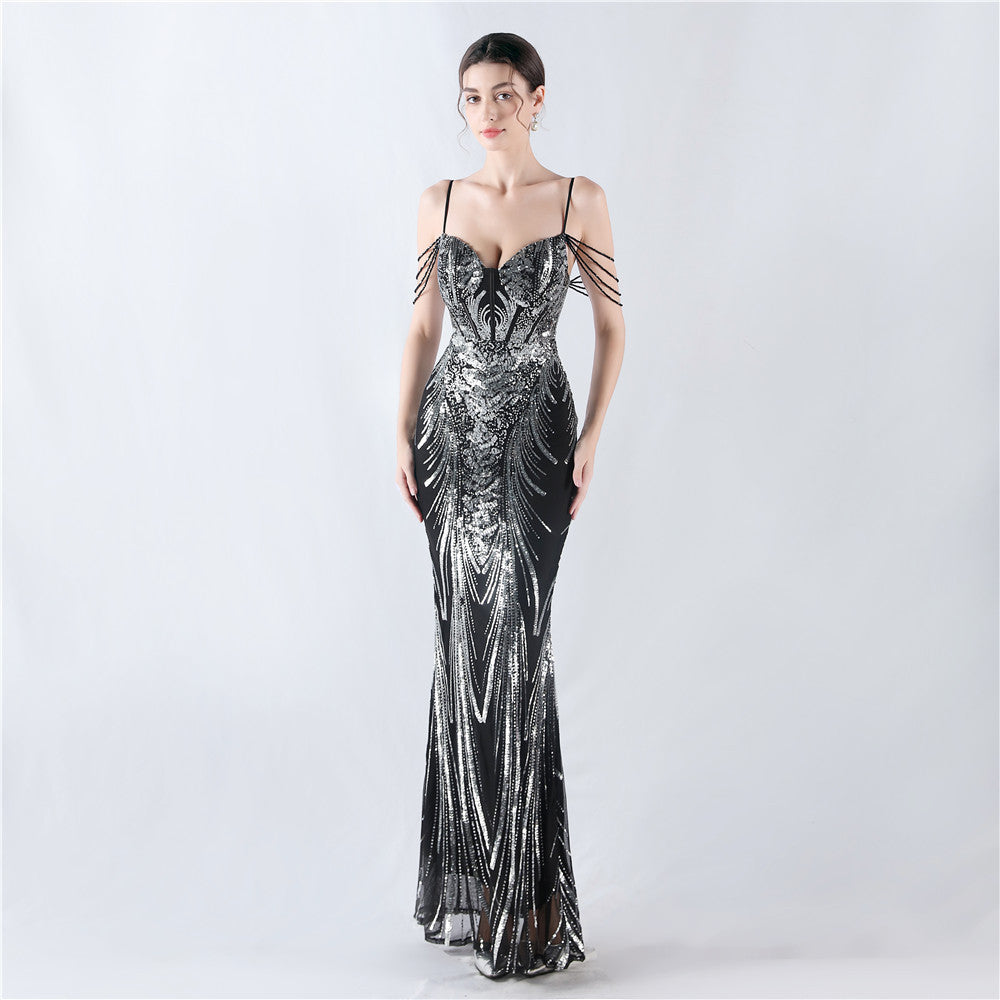Fishbone Slim Waist Sexy Rhinestone Chain Strap Evening Dress 20