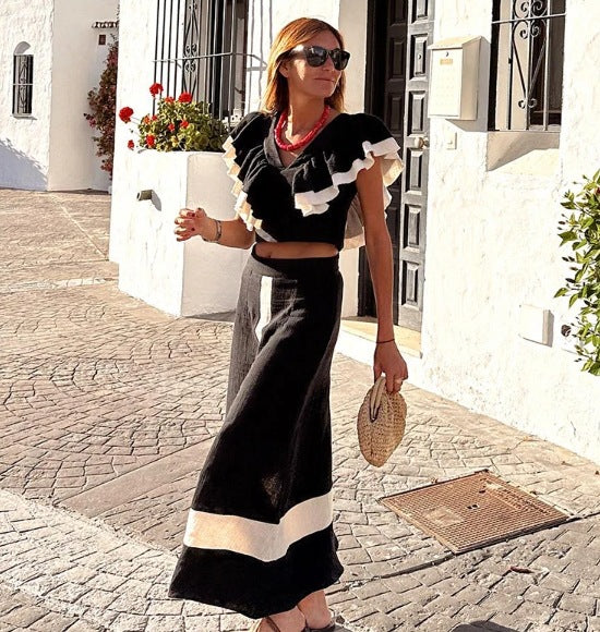 Women v-neck ruffled top and pant two-piece set 3