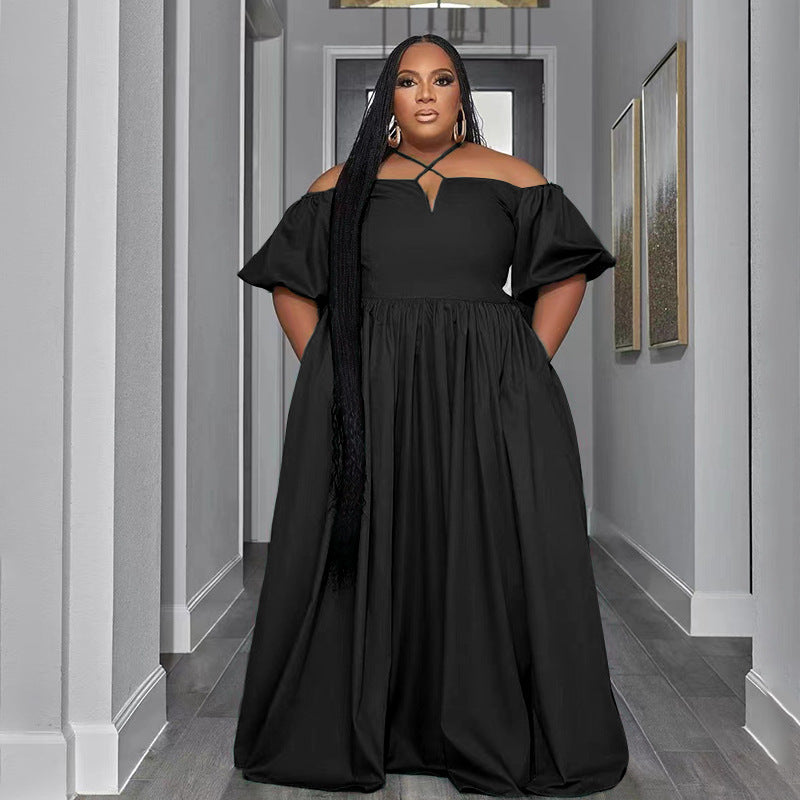 Solid Color Sexy Strapless Halter Neck Plus Size Women's Fashion Loose Short Sleeve Dress