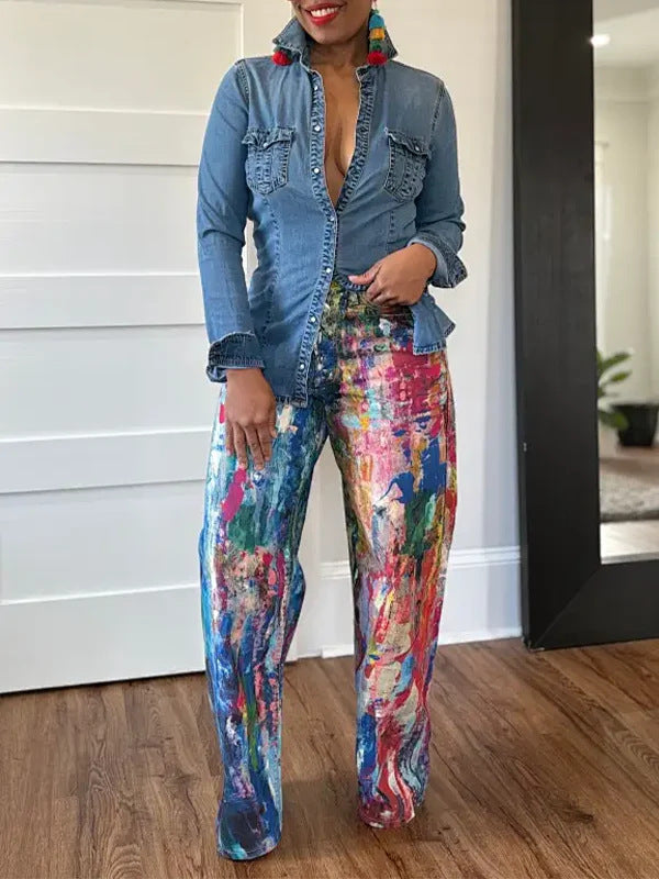 Women's Fashion Casual Straight Leg Painted Pants 4