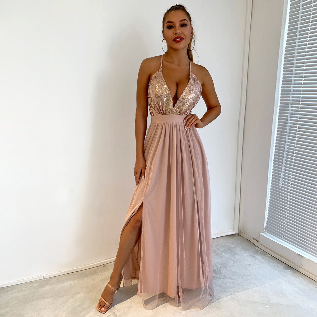 Women Clothes Summer Solid Sexy Strap Sequins Backless Slit Evening Dress 7