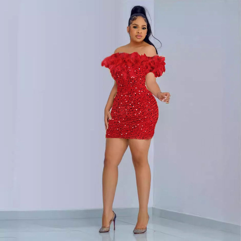 Sexy Sequin Feather Off Shoulder Bodycon Dress 4