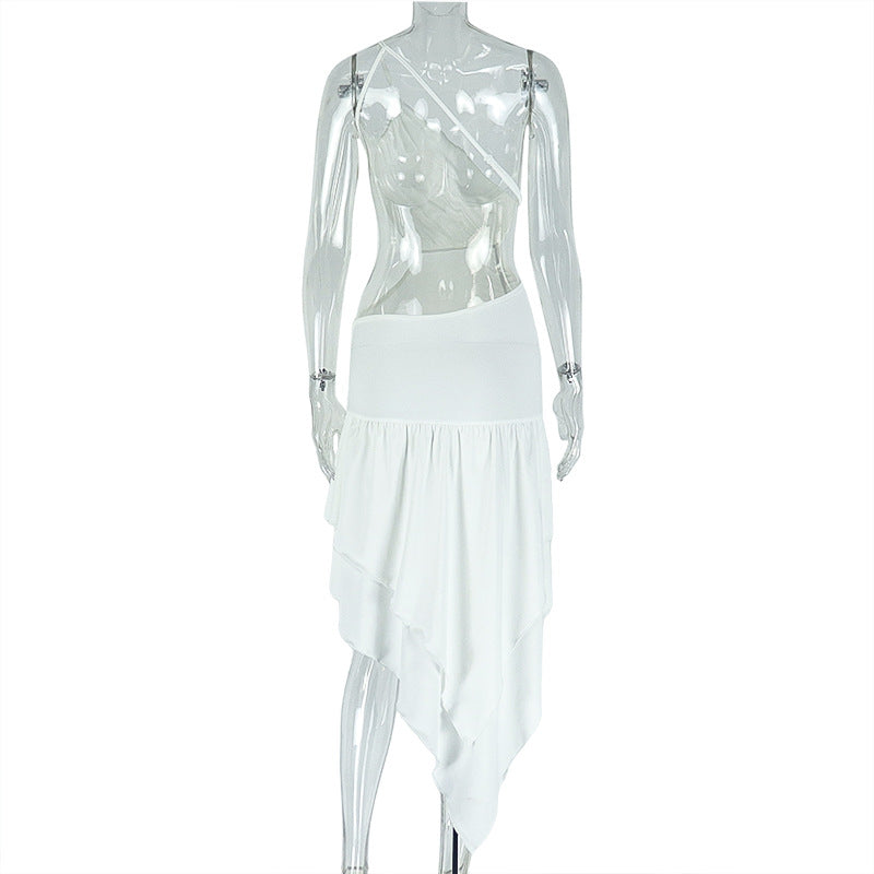 Women's Pleated Fashion Elegant Solid Color Slash Shoulder One Shoulder Strap Slit Irregular Dress 8