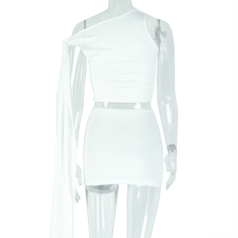 Women Lace-Up Slash Shoulder Asymmetric Top and Skirt Two-Piece Set 10