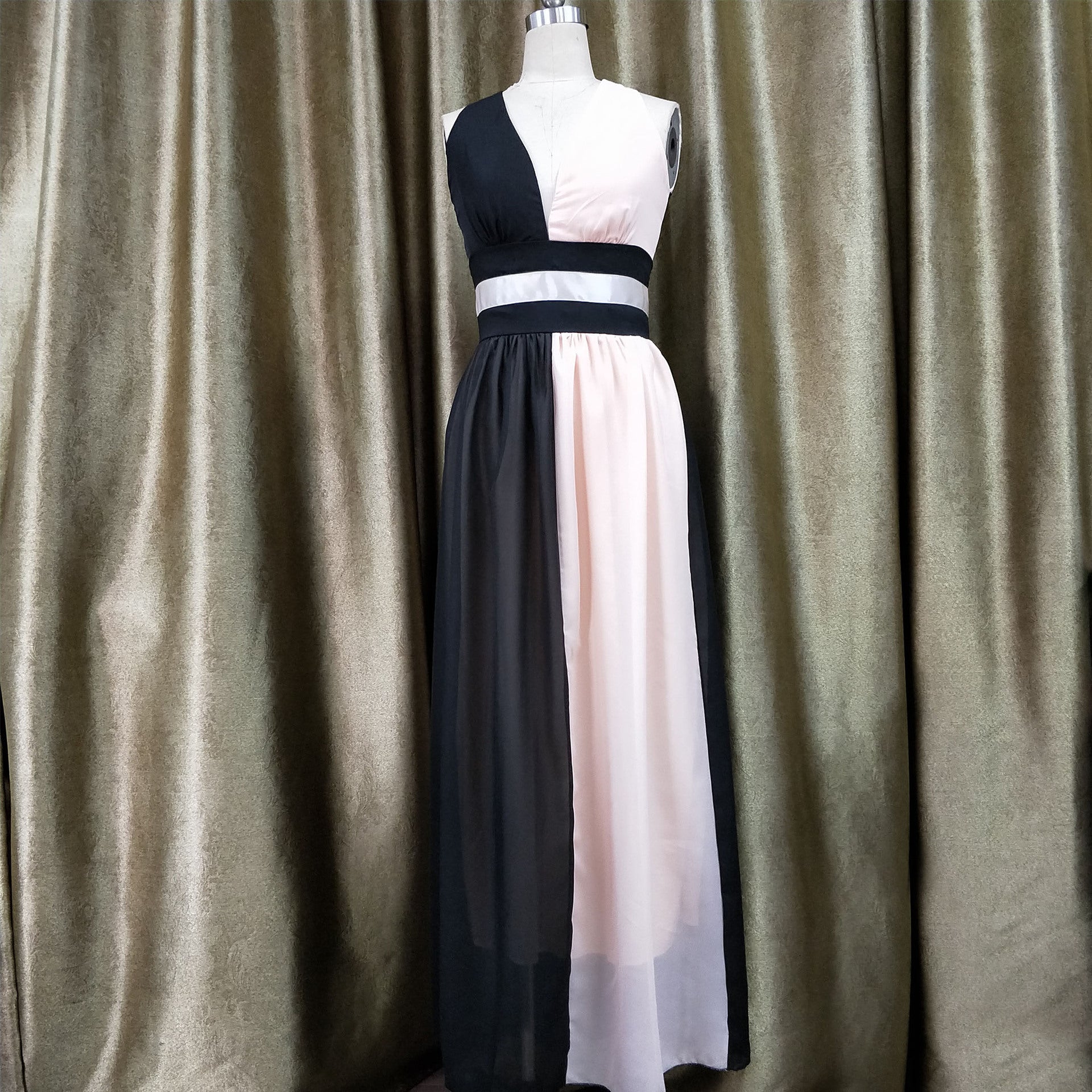 Women'S Chiffon Contrast Sleeveless V-Neck Patchwork Long Evening Dress 6