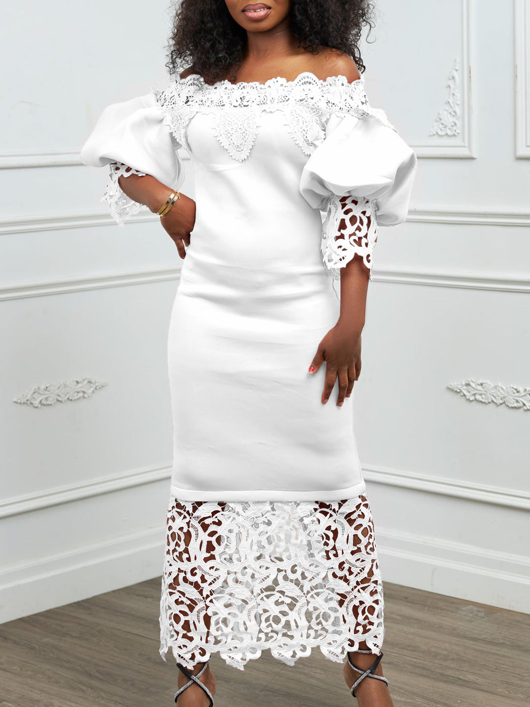 Women's Clothing Off Shoulder Lace Patchwork Puff Sleeve Formal Party Evening Dress 6