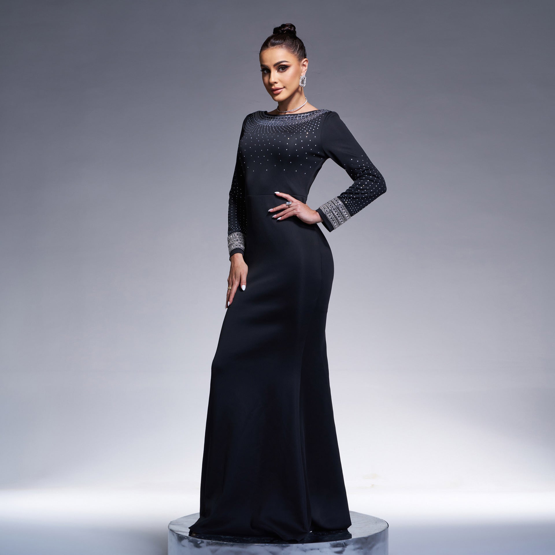Women Round Neck Long Sleeve Beaded Formal Party Bodycon Evening Dress 5