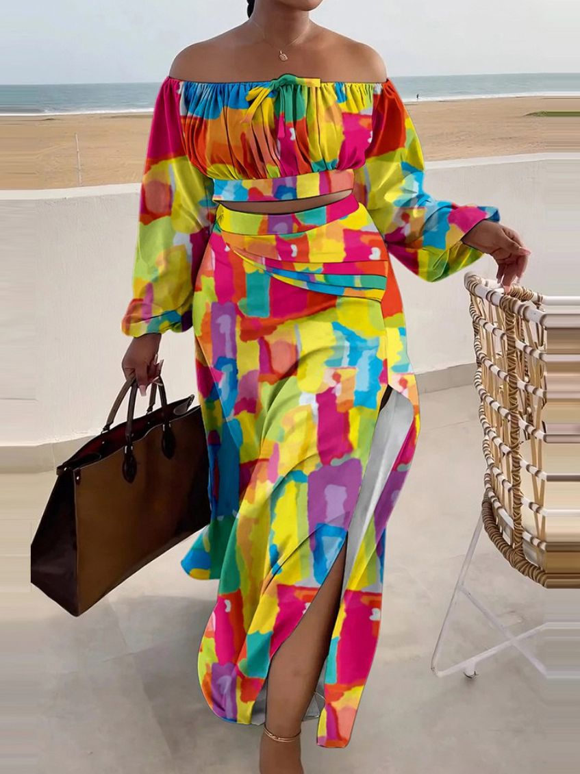 Fall Casual Print Off Shoulder Long Sleeve Slit Holidays Maxi Skirt Two-Piece Set