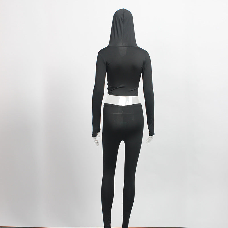 Women Solid Sexy Zipper Long Sleeve Top and Pant Two-piece Set 9