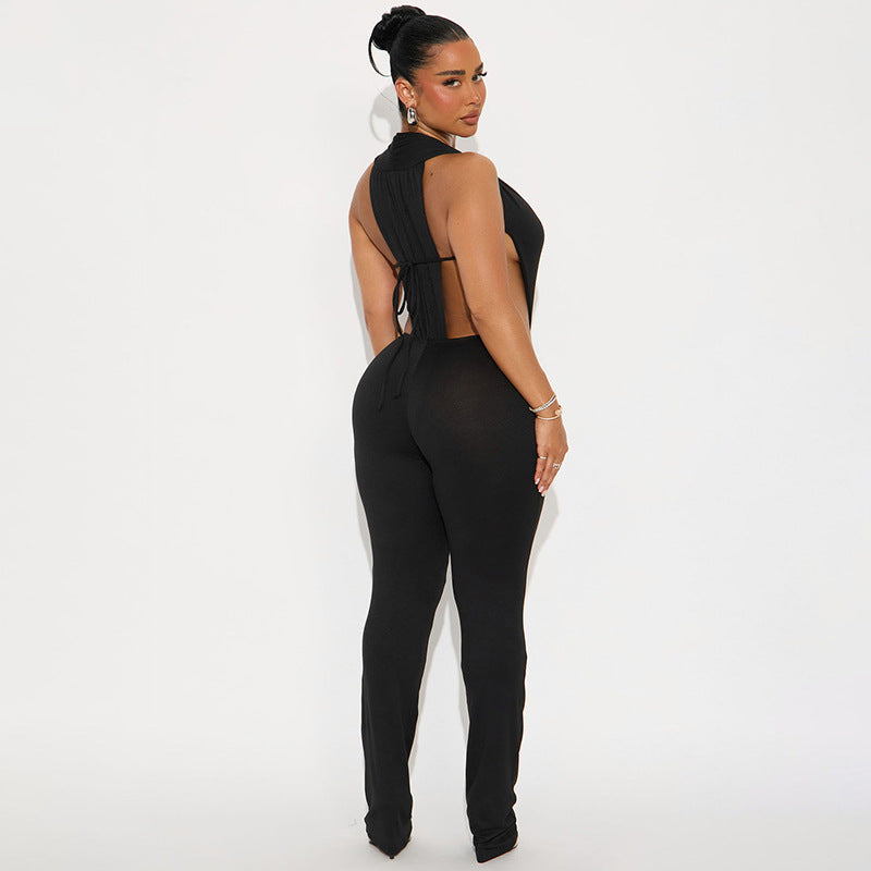 Women Spring and Summer Sexy V Neck Sleeveless Bodysuit and Flared Pants Two-piece Set 16