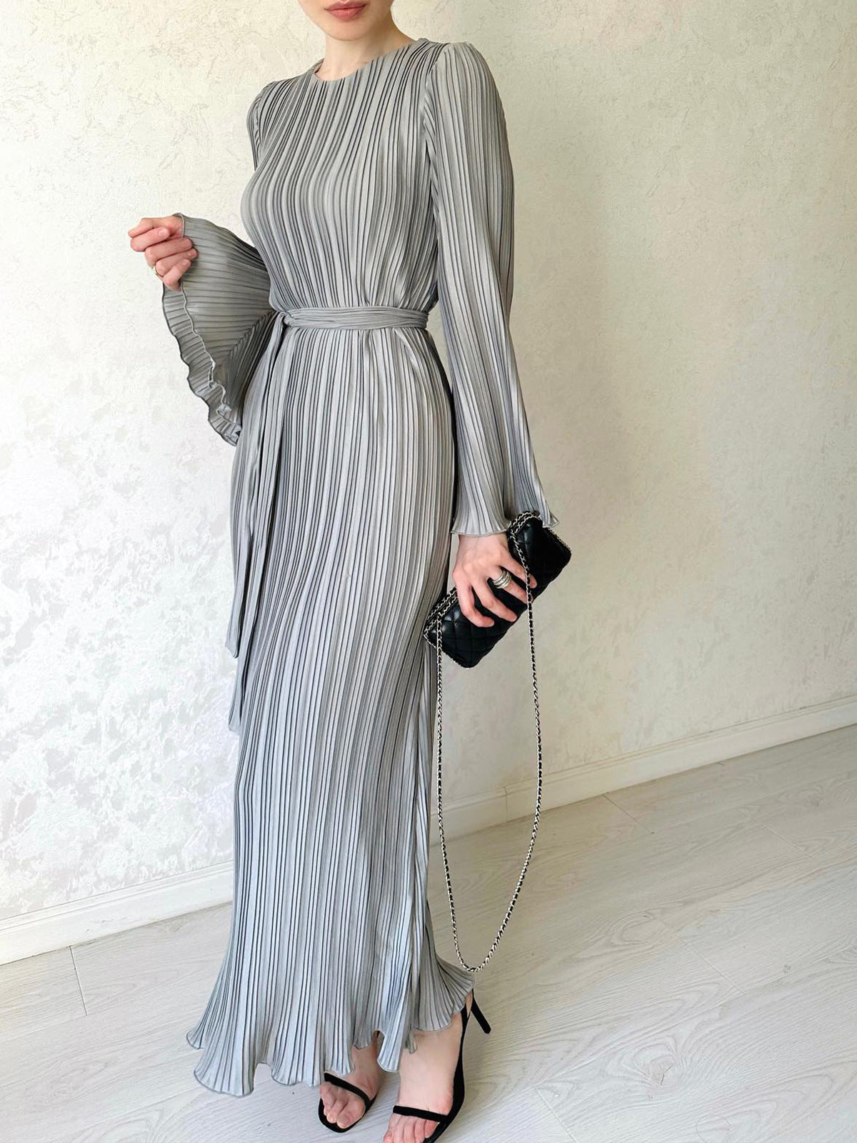 Women's Fall Maxi Dress Chic Pleated Bell Bottom Sleeve Midi Dress 4