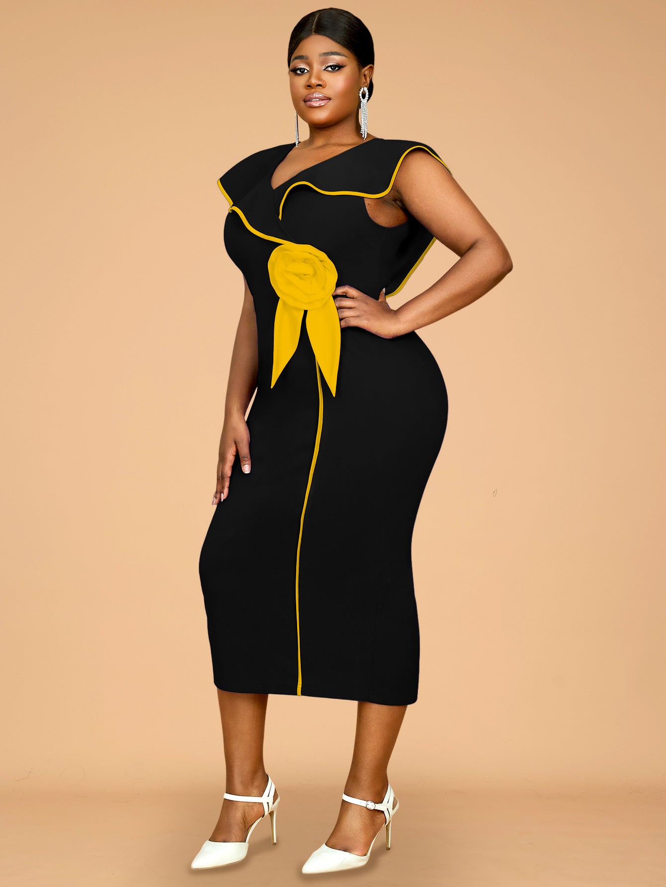 Plus-Size Contrast Flower Ruffle Sleeve Elegant Chic Formal Party Dress 29