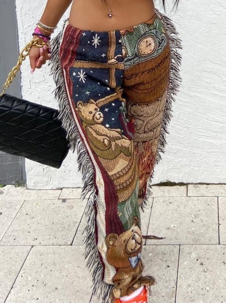 Fall Casual Retro Print Tassels Trouser