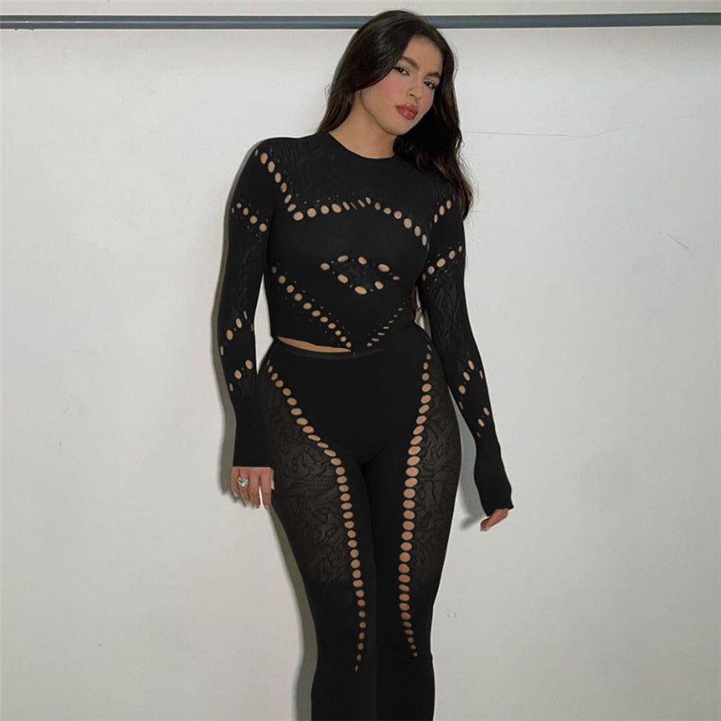Fall Women's Sexy Round Neck Cutout Tight Fitting Top High Waist See-Through Casual Pant Set 3
