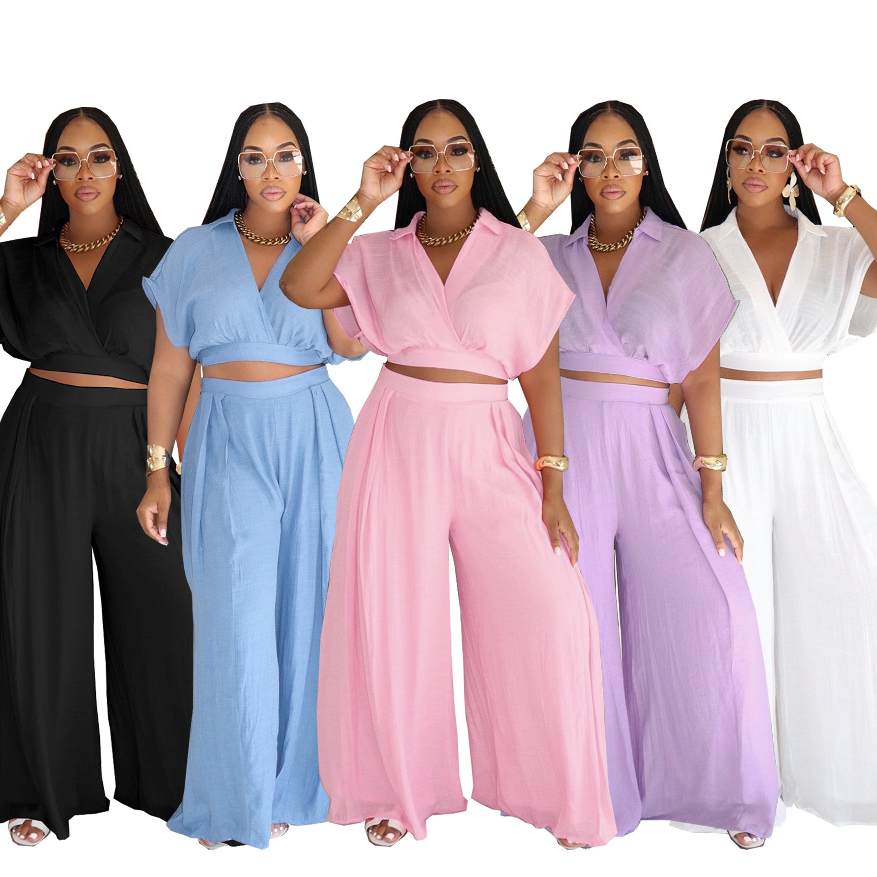 Women Casual Holidays Summer Turndown Collar Short Top & High-Waist Wide-Leg Pants Set 11