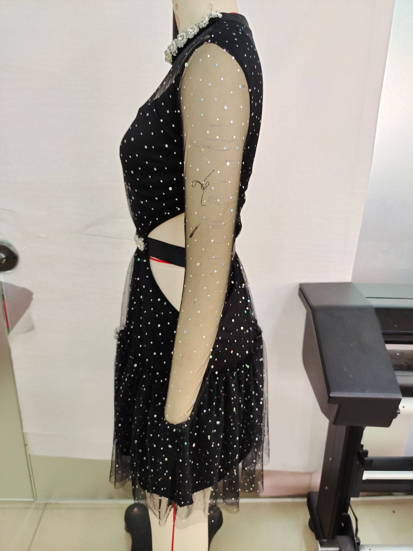 Fashion Sexy Polka Dot Rhinestone Black Sexy Mesh Slim Waist Party Dress 5