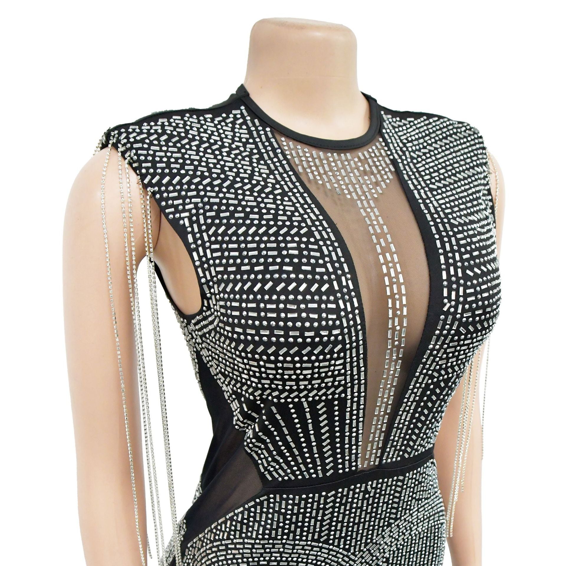 Women's Fashion Solid Color Mesh Beaded Sleeveless Club Dress 16