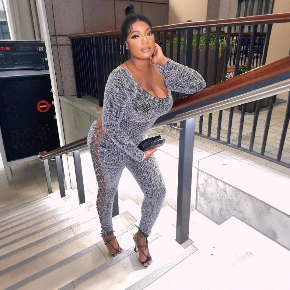 Women Fall Casual Sexy Hollow Lace Long Sleeve Jumpsuit 4