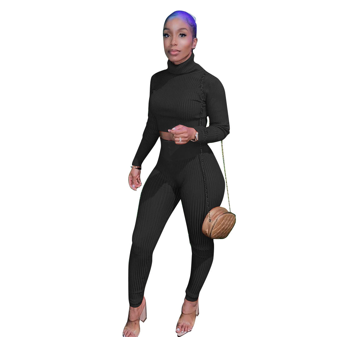 Women's Winter Fashionable solid knitting Long Sleeve Two Piece Pants set 6