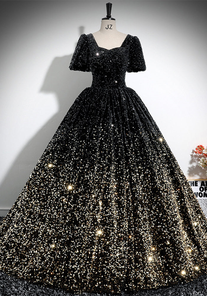 Luxury Sequin Puff Short Sleeve A-Line Luxury Evening Dress（Processing time need 3-6 days）