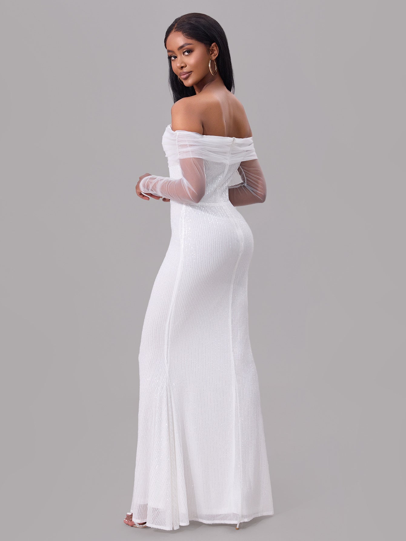 Spring women's chic sexy off shoulder mesh see-through long dress women wedding gown 5