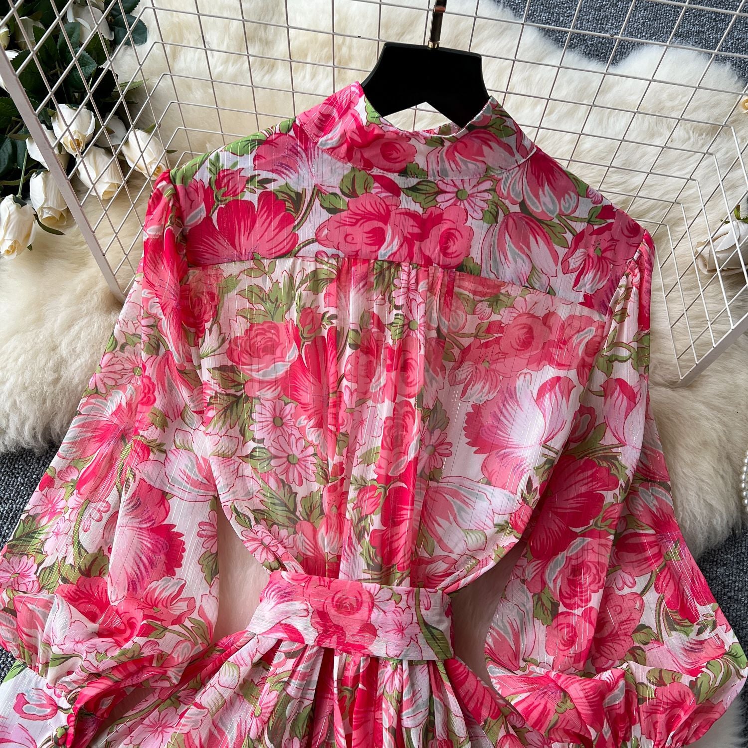 Printed Stand Collar Long-Sleeve Slim Waist Belt Chiffon Maxi Dress 10