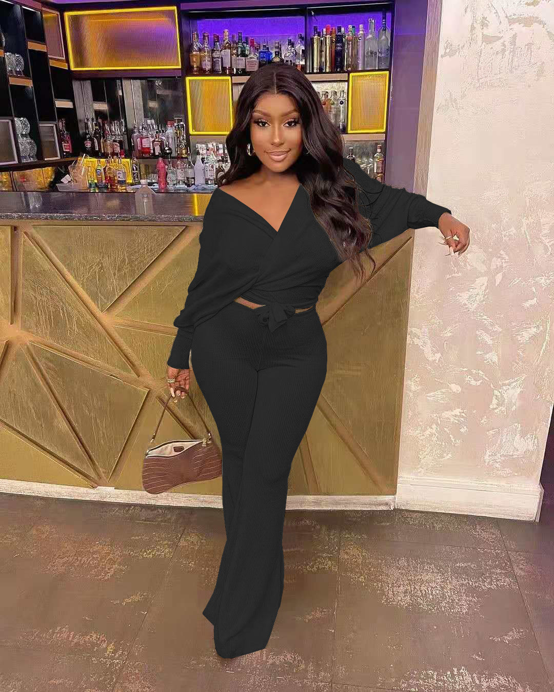 Fashionable Casual Solid Ribbed Loose-Cut Style Tie Bow Two Piece Set 5