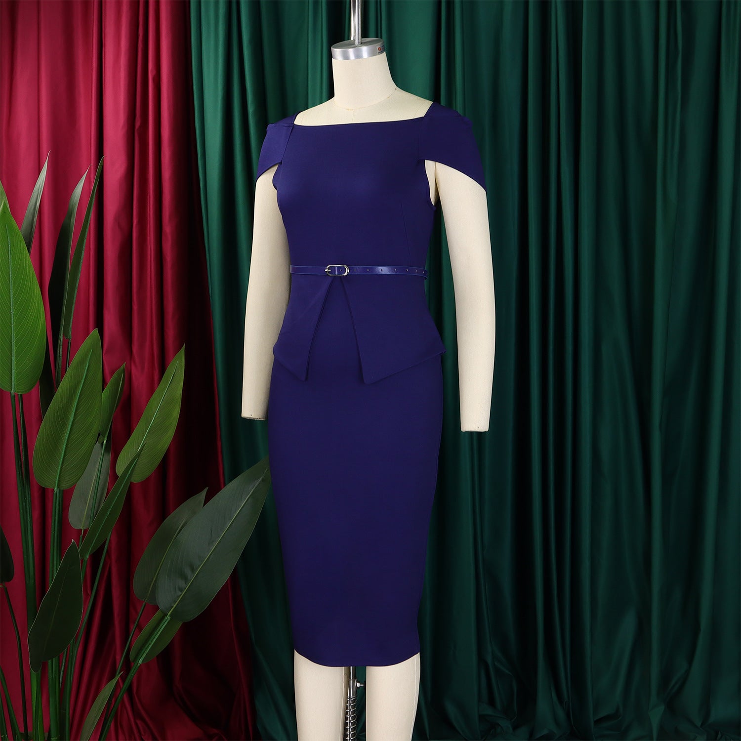 African Women's Solid Color High-Waist Ruffle Short-Sleeve Square-Neck Bodycon Pencil Dress 22