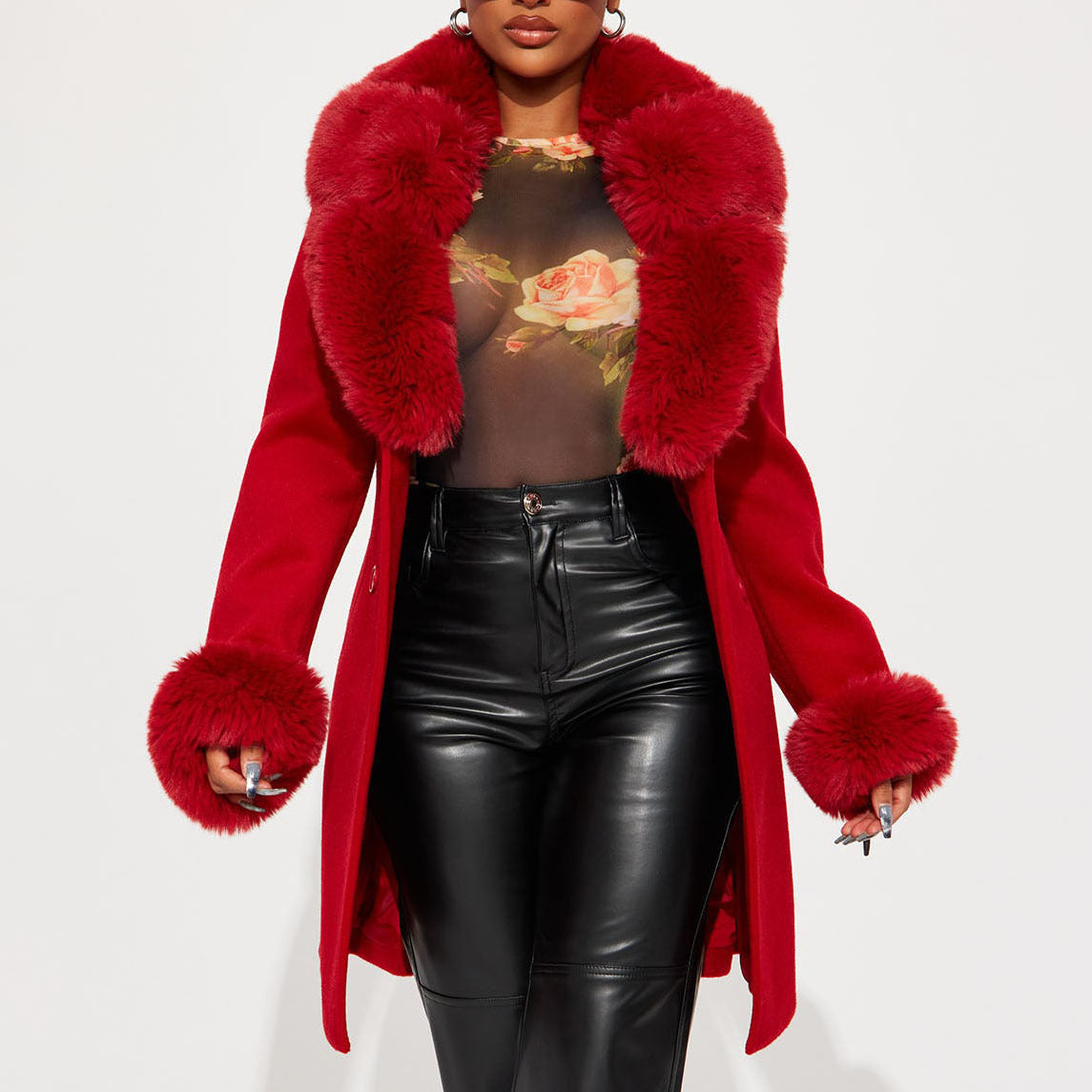 Fur Collar Slim Waist Faux Fur Coat 5