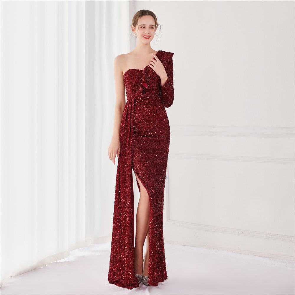 Winter Elegant Sequins Ruffled One Shoulder Long Sleeve Slit Formal Party Evening Dress 7