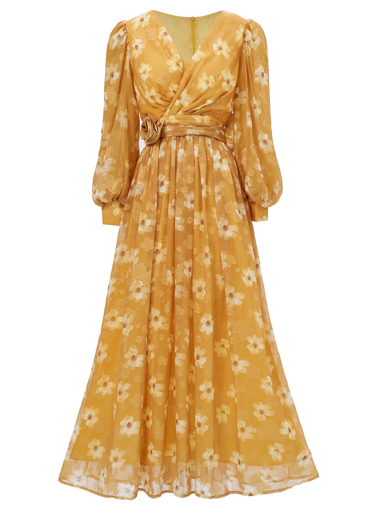 Elegant Women's Long-Sleeve V-Neck Ruffled Formal Party Mesh Evening Gown 4