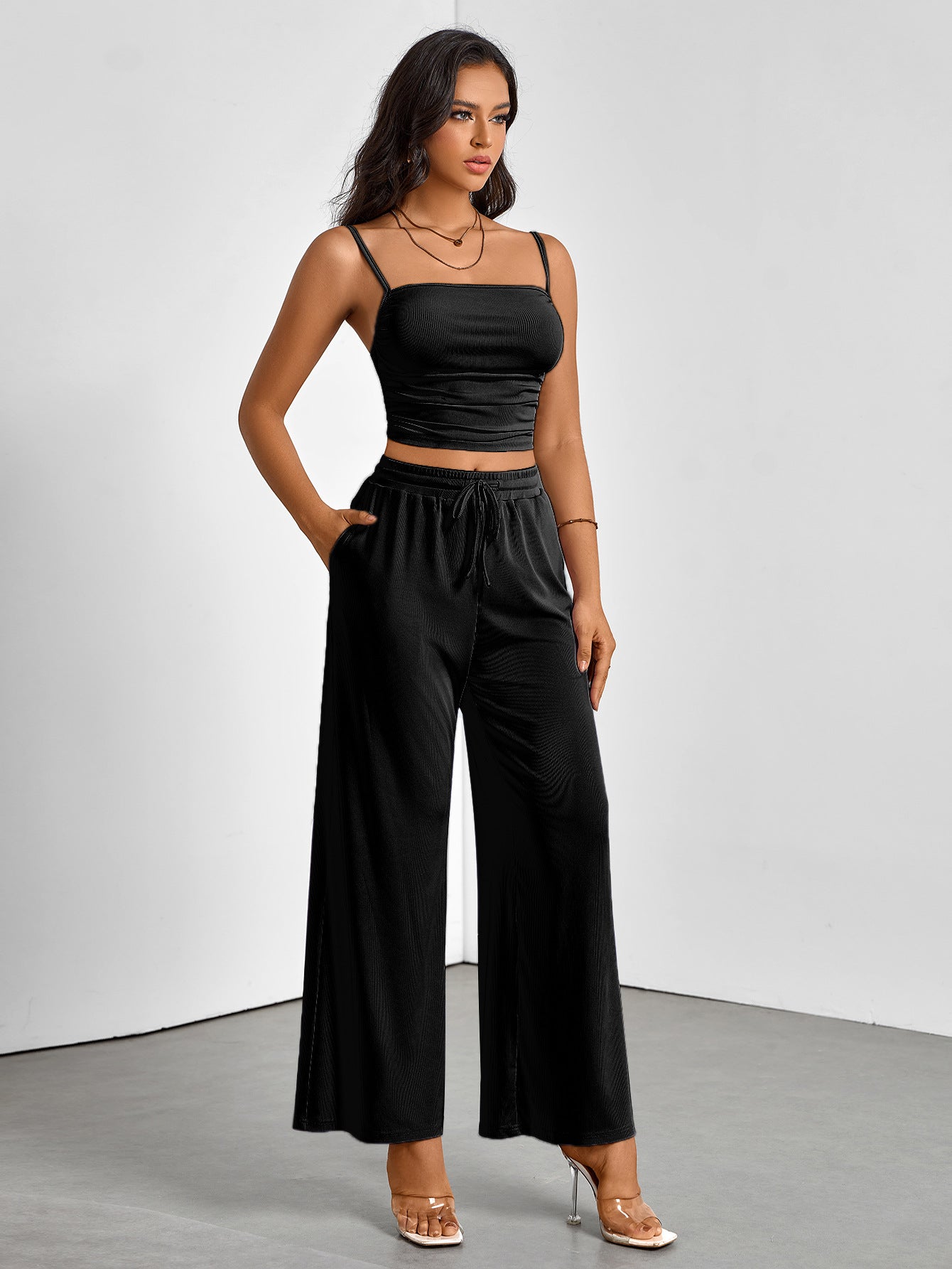 Summer Women's Casual Strap Vest Wide Leg Pants Sexy Comfortable Two-Piece Set 3