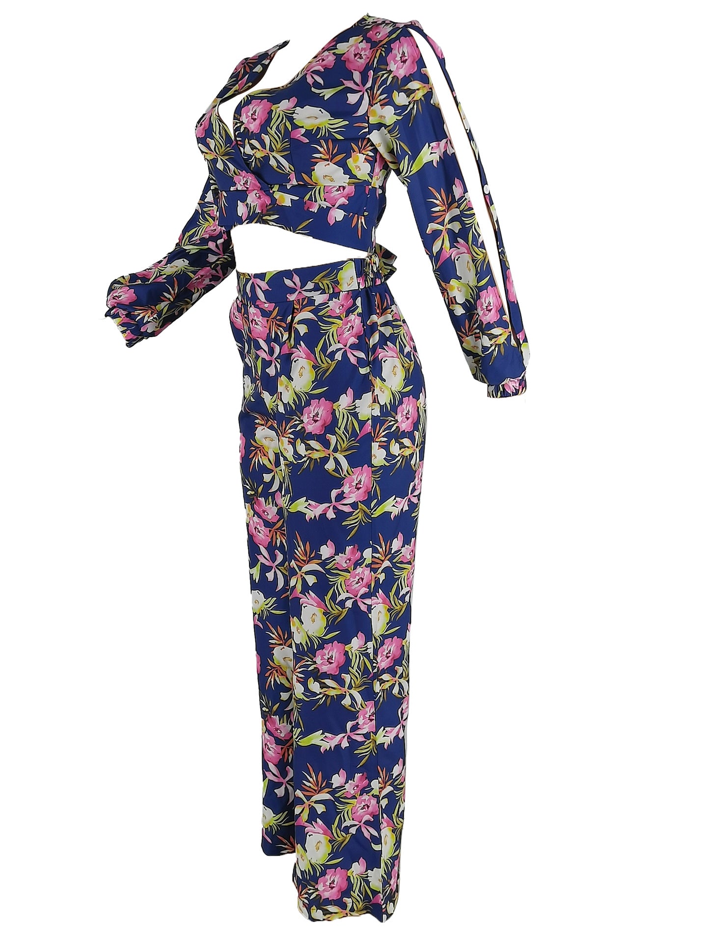 Women's Spring Floral Printed V-Neck Two-Piece Pants Set 5