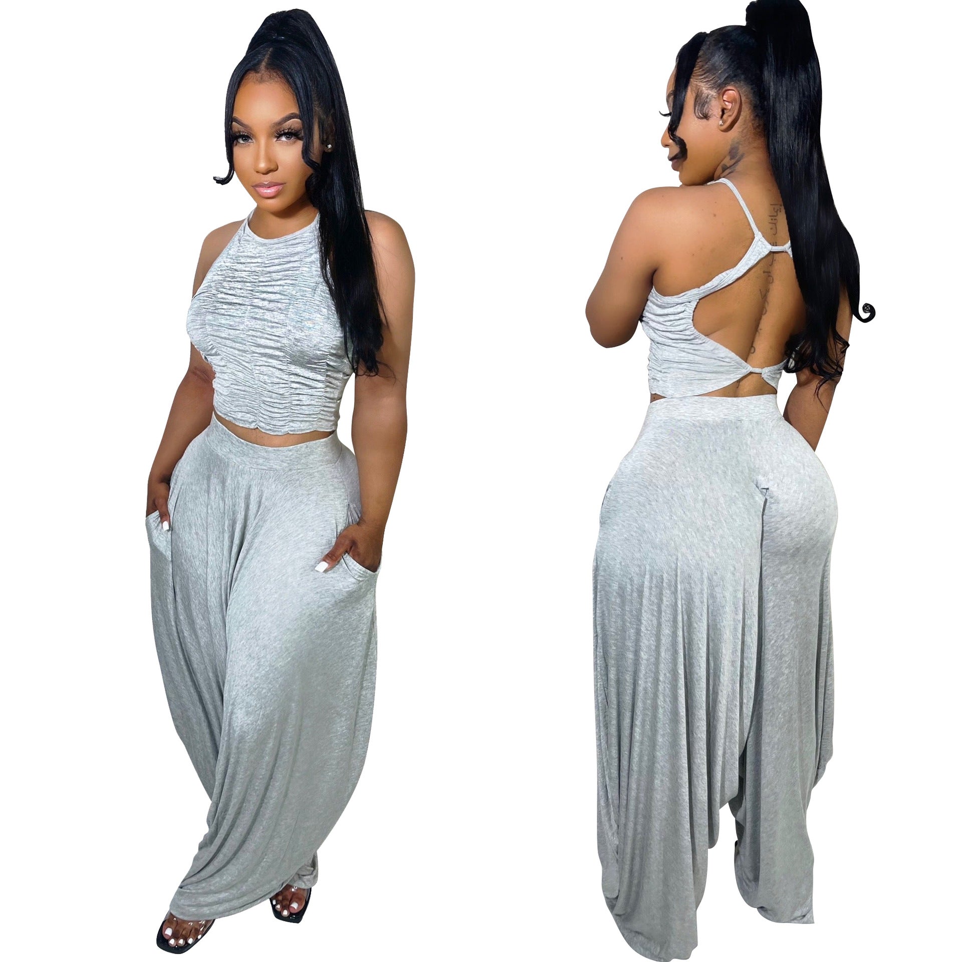 Women summer sexy pleated sleeveless top + wide leg pants two-piece set 11