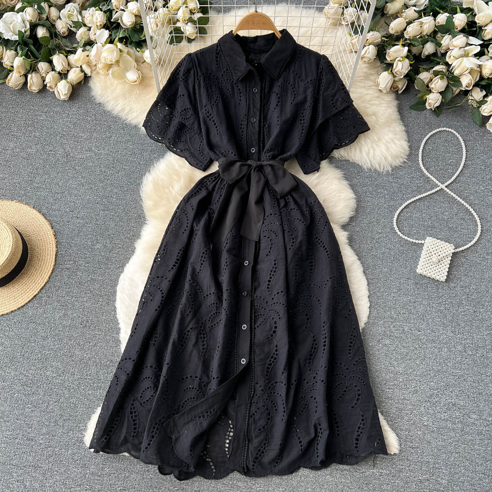 Women Turndown Collar Puff Sleeve Lace Hollow French Maxi Shirt Dress 5