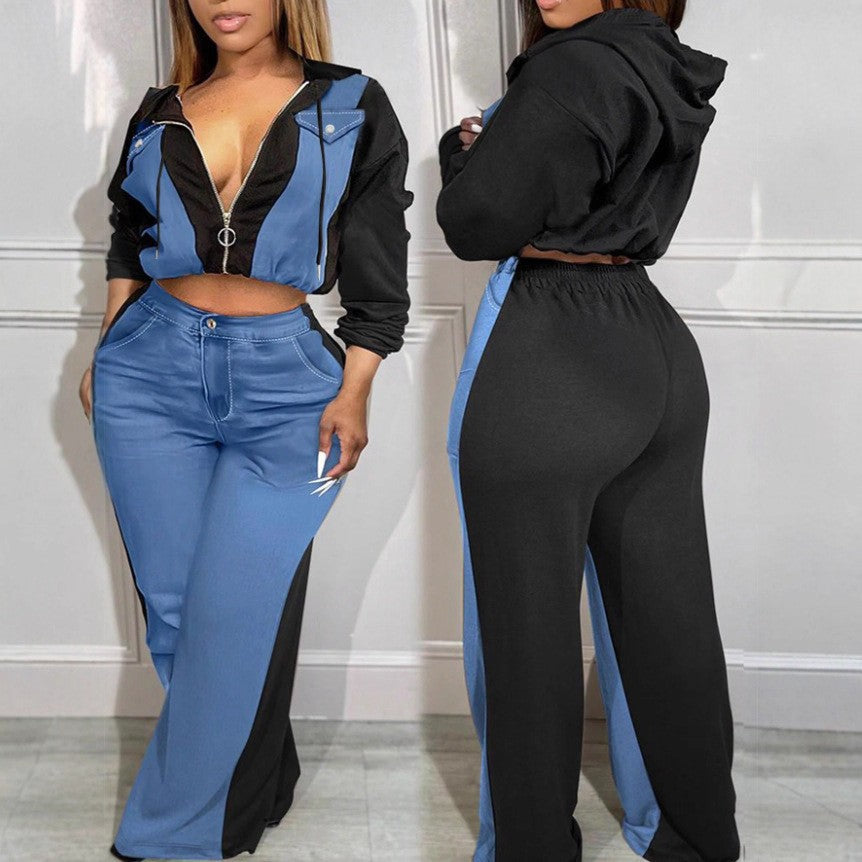 Women Sporty Casual Denim Contrast Zippered Jacket and Wide-Leg Pants Two-Piece Set 3