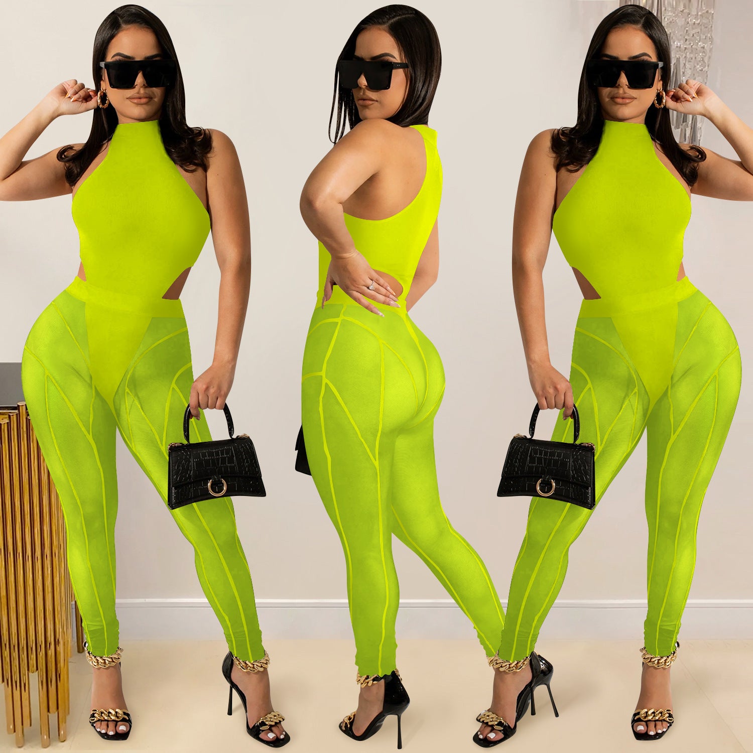 Women sexy Mesh See-Through Top and trousers Two Piece Set 5