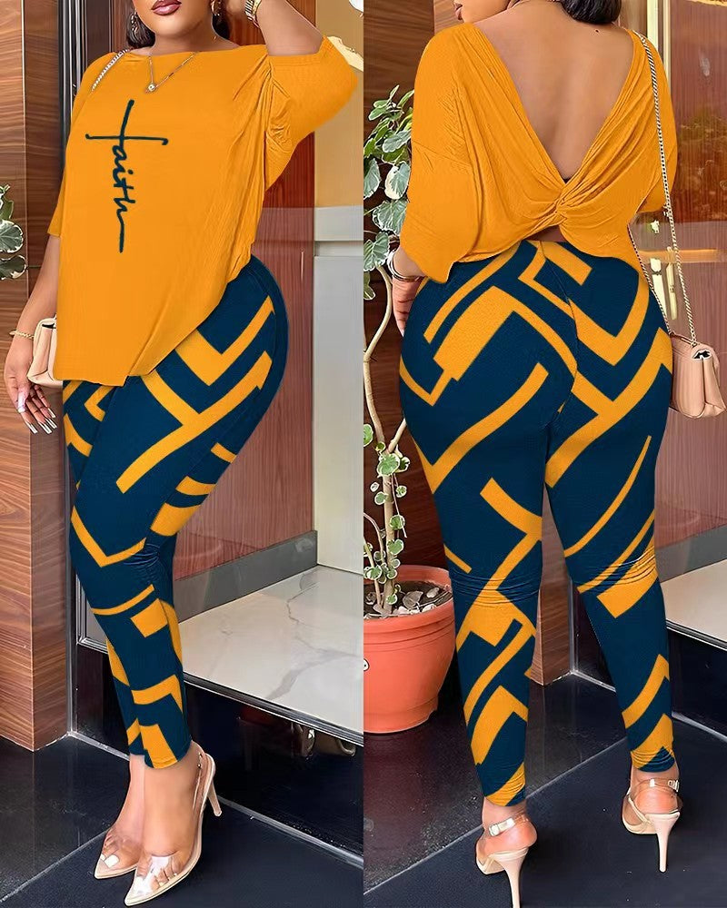 Women Autumn Casual Backless Printed Top and Pants Two-piece Set 6