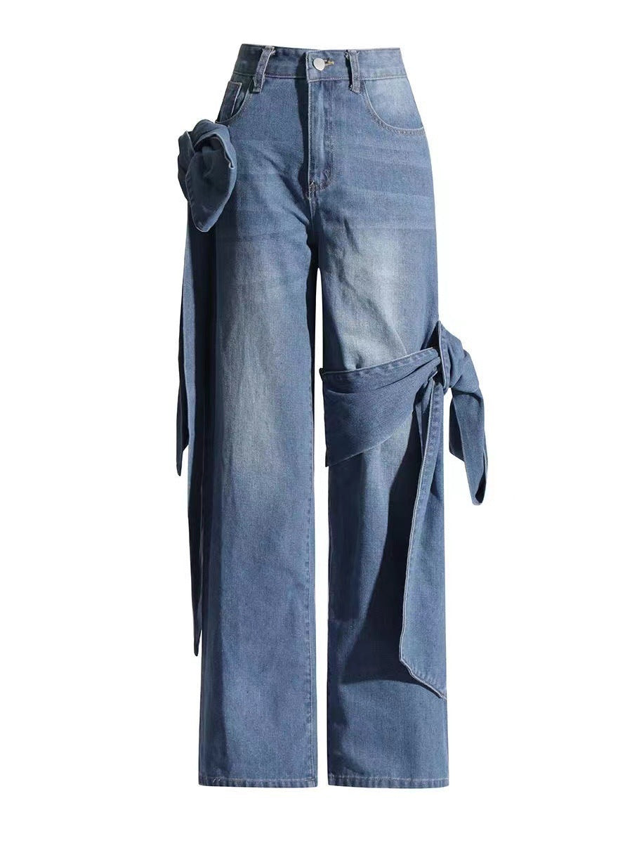 Women Lace-Up Pocket Wide Leg Straight Denim Pants 9