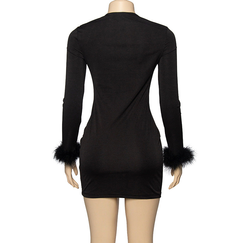 Autumn Solid Color Low Cut Feather Patchwork Long Sleeve Bodycon Dress 12