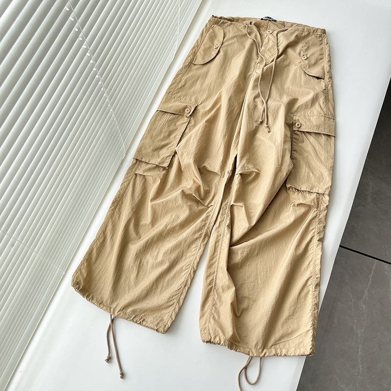 Large Pocket High Waist Casual Drawstring Slim Waist Cargo Pants For Women 9