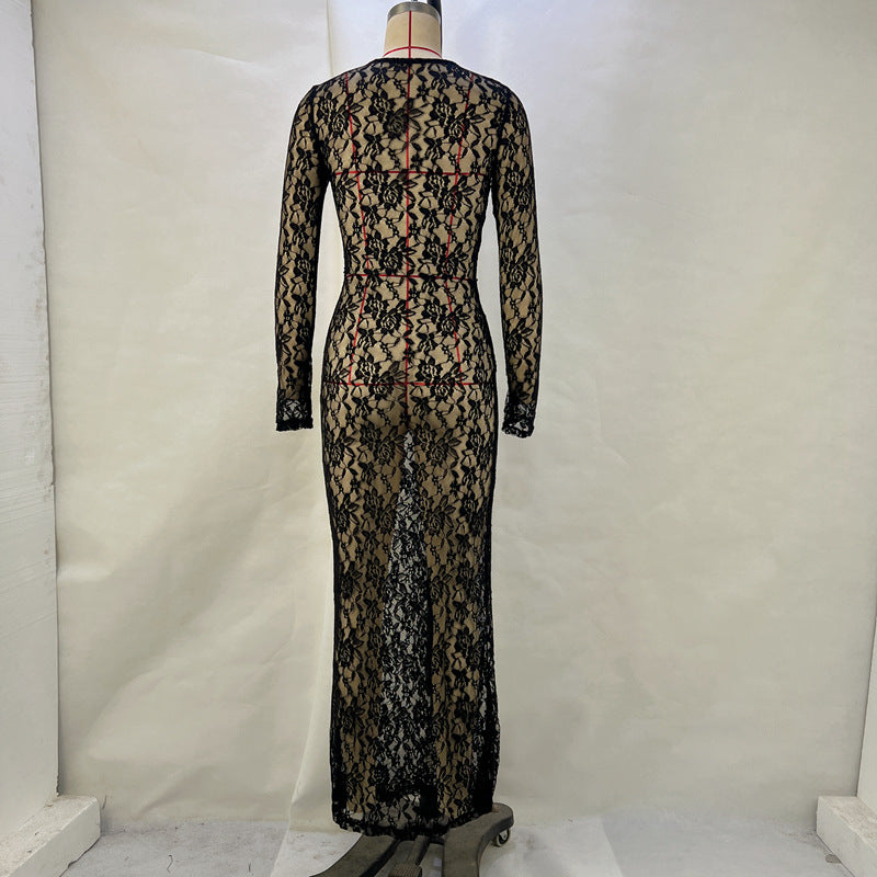 Women Solid lace See-Through Long Sleeve Maxi Dress 12
