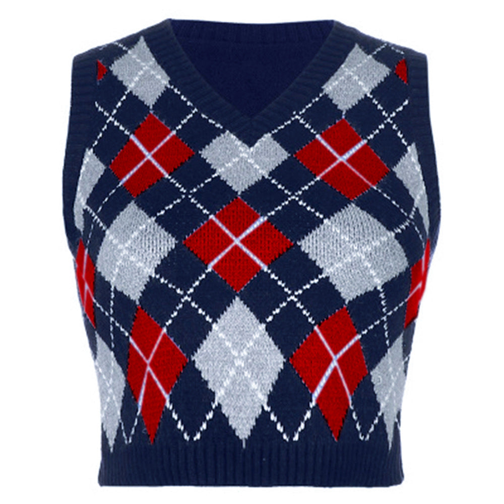Women Solid Plaid Sleeveless V-Neck Sweater 27