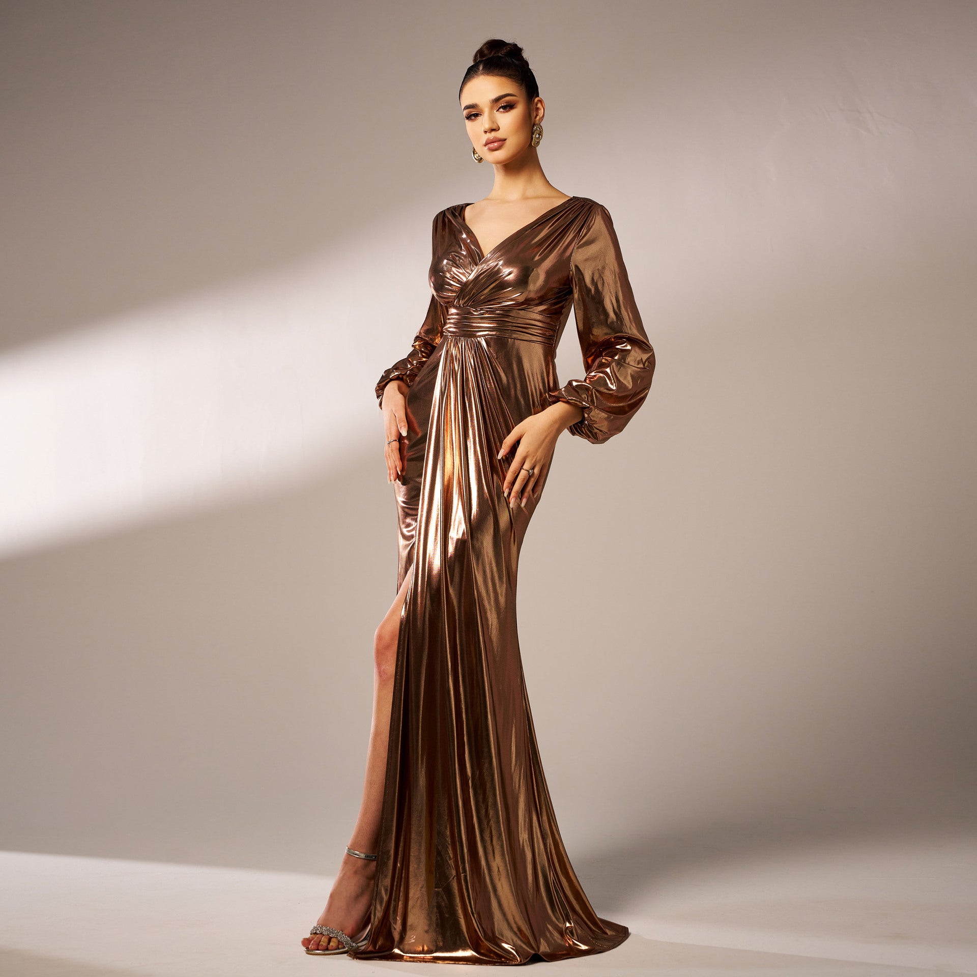 Women V-neck long sleeve Shiny Formal Party Bodycon Evening Dress 5