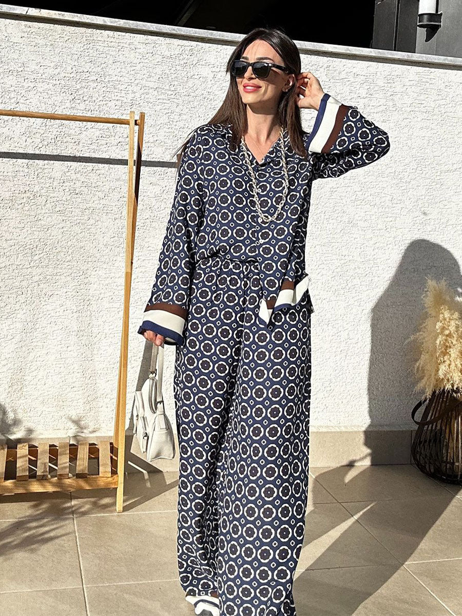 Women Casual Print Long Sleeve Shirt and Long Pants Two-piece Set