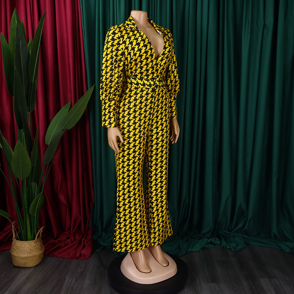 Women's Autumn and Winter V-neck Puff Sleeve Slim Waist Printed Wide Leg Plus Size African Jumpsuit 12